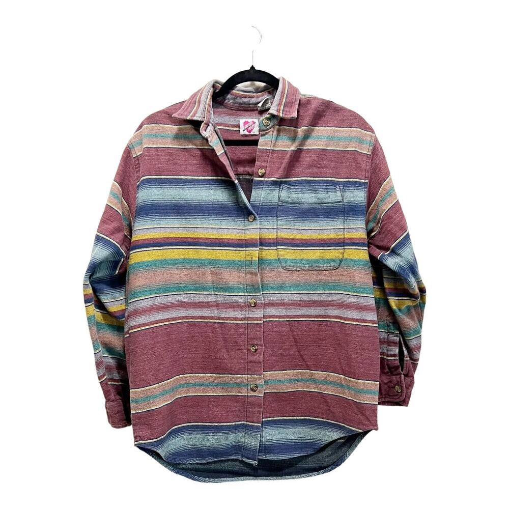 Vintage Canvas Striped Beach Retro Button Down Shirt Oversized Boyfriend Sz L